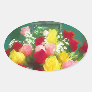 Rose Bouquet Painting - Cute Original Flower Art Oval Sticker