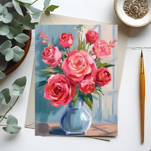 Rose Bouquet   Red Flower Vase Watercolor Floral Postcard
