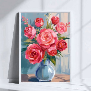 Rose Bouquet   Red Flower Vase Watercolor Floral Poster