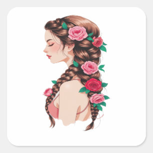 Rose Braided Hair Floral Tee for Women Square Sticker