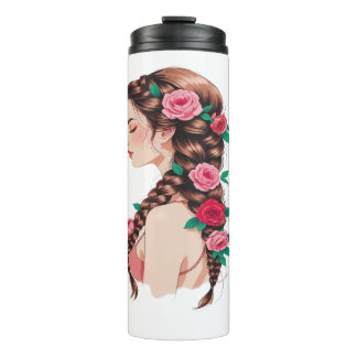 Rose Braided Hair Floral Tee for Women Thermal Tumbler