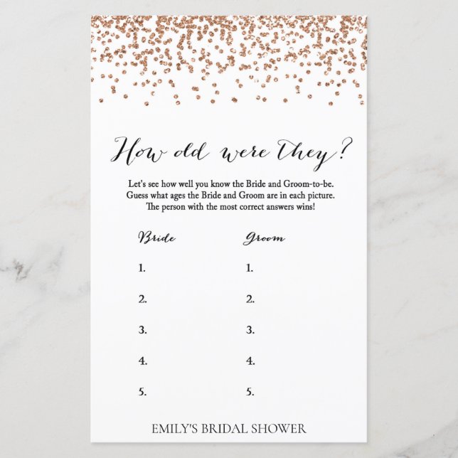 Rose Bridal Shower Game - How old Were They Game (Front)