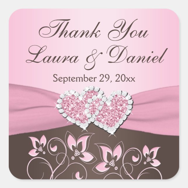 Rose, Brown Floral, Coeurs Mariage Favor Sticker (Devant)