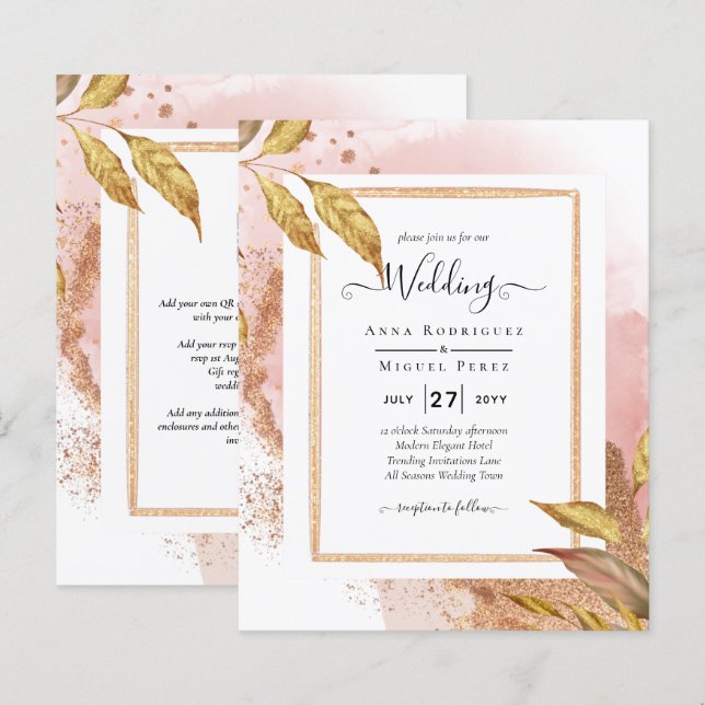 ROSE BUDGET Gold Feuilles de mariage Inviter QR Co (Devant / Derrière)