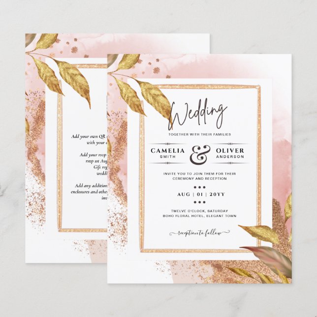 ROSE BUDGET Gold Feuilles de mariage Inviter QR Co (Devant / Derrière)