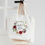 Rose Burgundy Floral Wreath Mother of the Bride Tote Bag<br><div class="desc">A sweet and elegant gift for the mother of the bride,  tote features a burgundy rose watercolor greenery wreath with "mother of the bride" inscribed inside in hand lettered script. Personalize with your wedding date or the recipient's name beneath.</div>