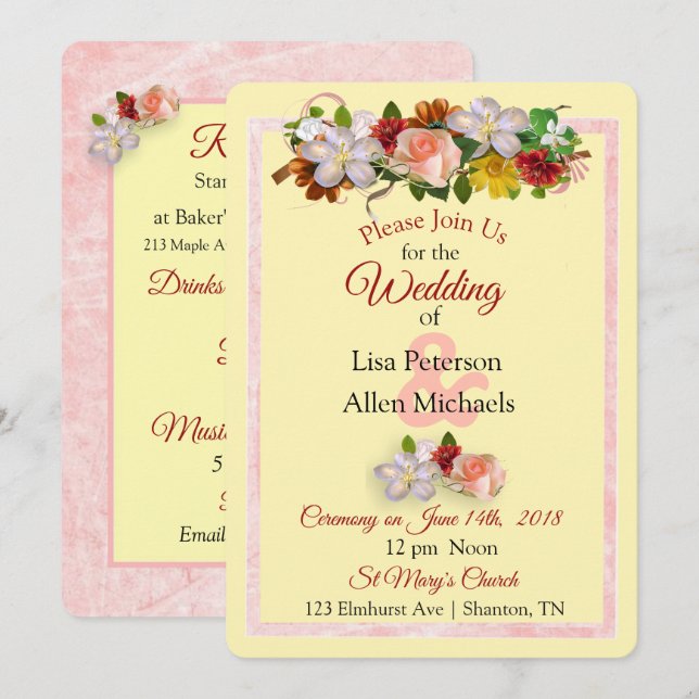 Rose Burgundy Yellow Floral Wedding Invitation (Front/Back)