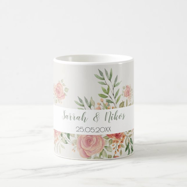 Rose Bush Watercolor Art Monogrammed Coffee Mug (Center)