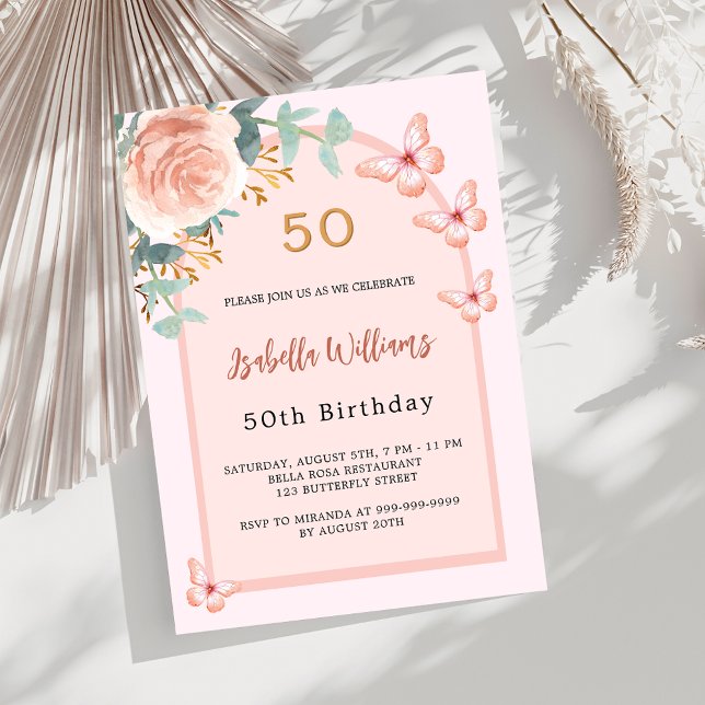 Rose butterflies peach floral arch Birthday Invitation (Creator Uploaded)