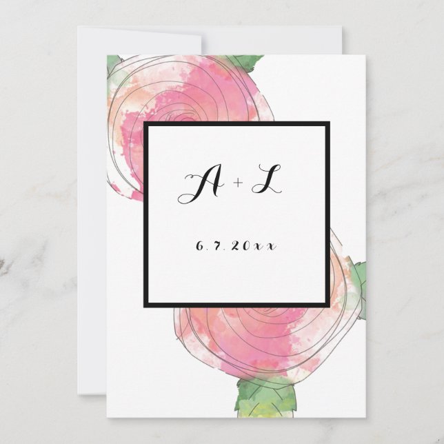 Rose cadre monographie invitations mariage (Devant)