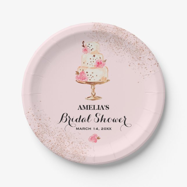 Rose Cake Tea Party Bridal Shower Paper Plates (Front)