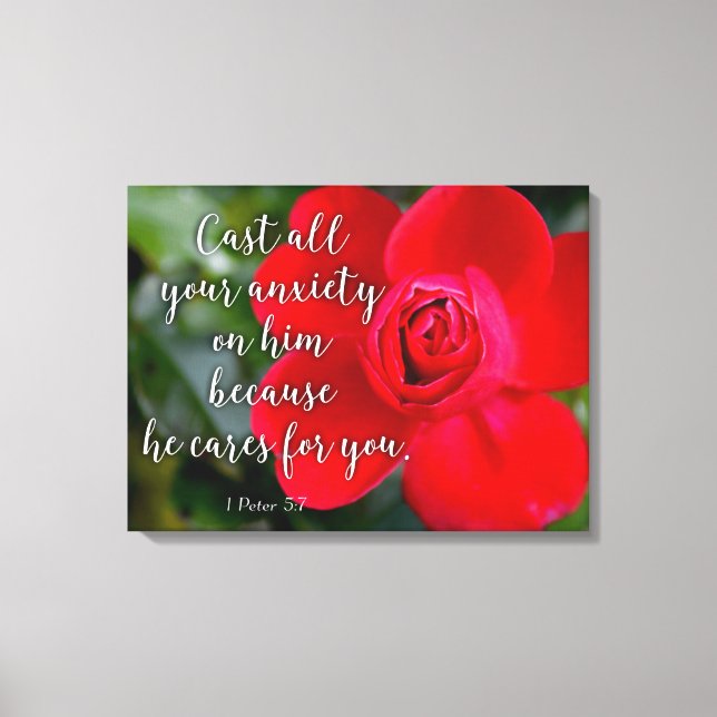 Rose Cast all your Anxiety Christian Bible Verse Canvas Print (Front)