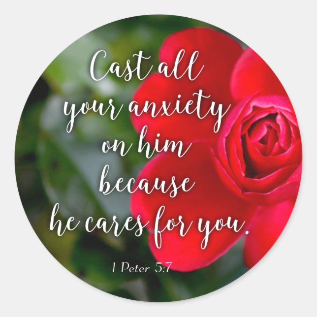 Rose Cast all your Anxiety Christian Bible Verse Classic Round Sticker (Front)