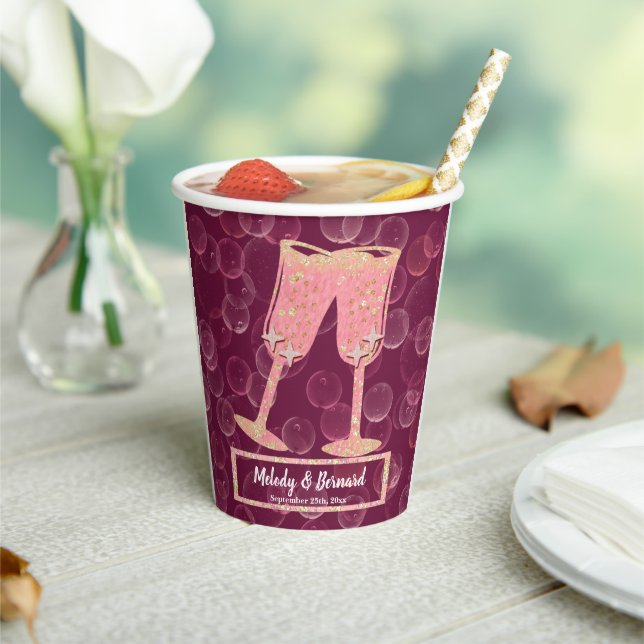 Rose Champagne Bubbles & Glasses Wedding Celebrate Paper Cups (Insitu)