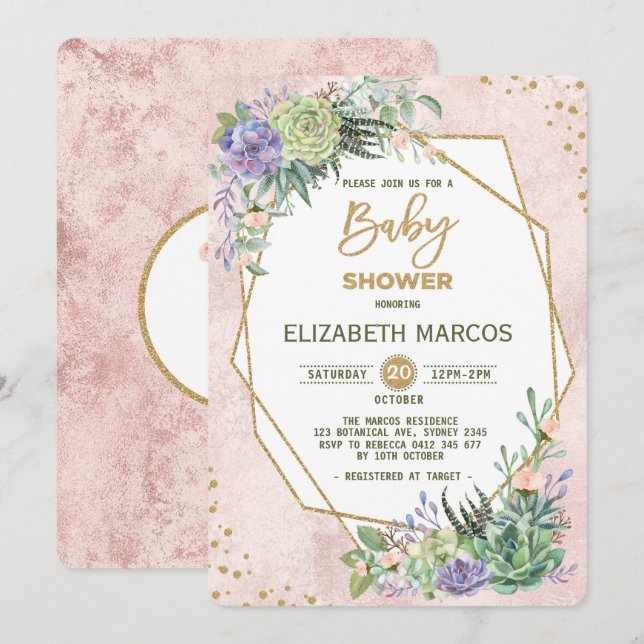Rose Chic Gold Fiesta Baby shower Invitation géomé (Devant / Derrière)