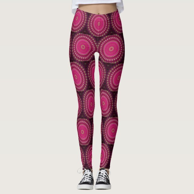 Rose clair avec Mandala Jaune Design Leggings (Devant)