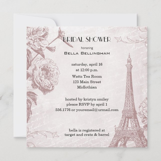 Rose Coloured Eiffel Tower Bridal Shower Invitatio Invitation (Front)