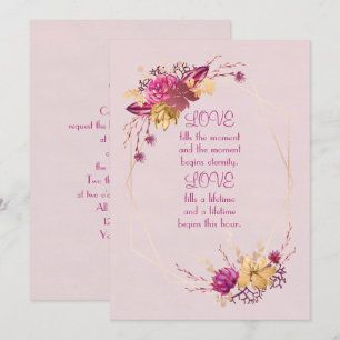 rose coloured floral wedding frame with gold borde invitation