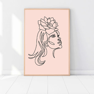 Rose Coloured Line Art, Woman Portrait Illustratio Poster