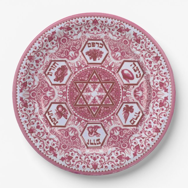 Rose-Coloured Passover Seder Paper Plate (Front)