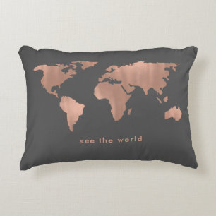 Rose Coloured World   Map on Smoky Grey Accent Pillow