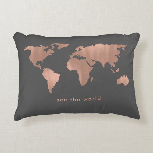 Rose Coloured World | Map on Smoky Grey Accent Pillow (Front)