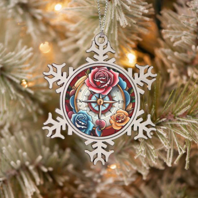 "Rose Compass Dreams" Snowflake Pewter Christmas Ornament (Tree)