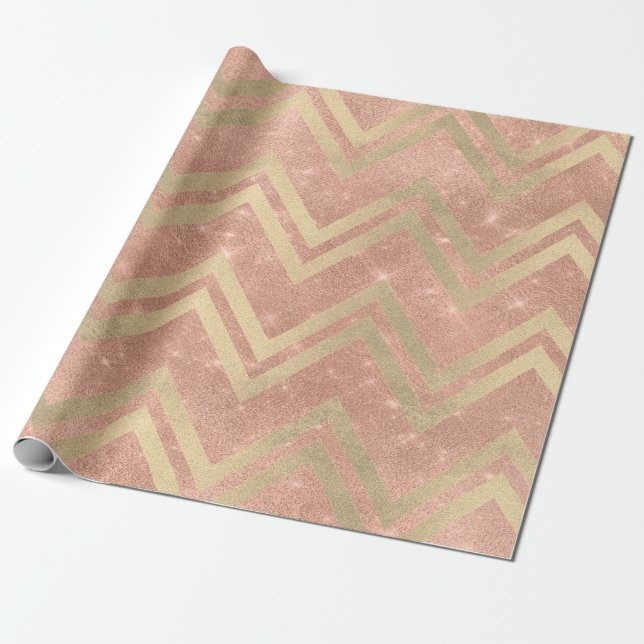 Rose Copper Gold Zig Zag Chevron Stripes Glitter Wrapping Paper (Unrolled)