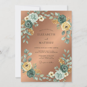 Rose Copper Teal Wreath Wedding Invitation
