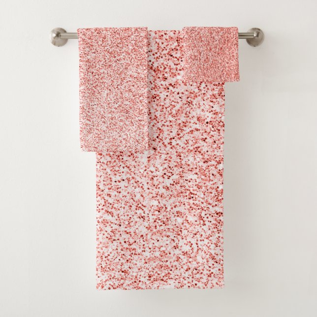 Rose coral light glitter faux sparkles bath towel set (Insitu)