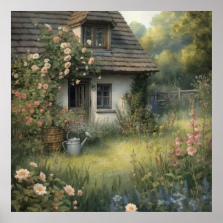 Rose Cottage Garden Painting Poster