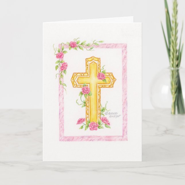 Rose Cross Baptism Congratulations Greeting Card (Front)