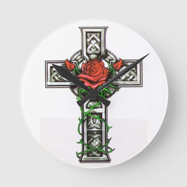Rose cross tattoo design round clock (Front)
