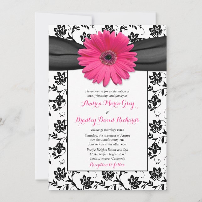 Rose Daisy Black White Floral Faire-part de mariag (Devant)
