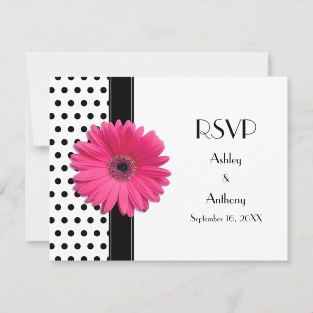 Rose Daisy Noir Blanc Polka Dot Wedding RSVP (Devant)
