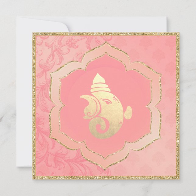 Rose Damask Gold Ganesh Indian Hindu Wedding  Invitation (Front)