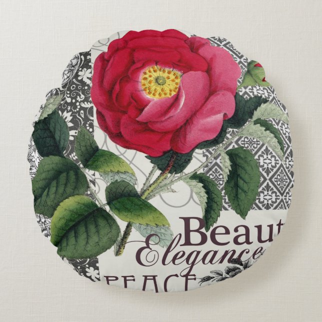 Rose Damask Pretty Floral Antique Round Pillow (Front)