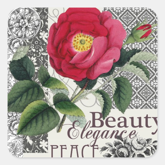 Rose Damask Pretty Floral Antique Square Sticker (Front)