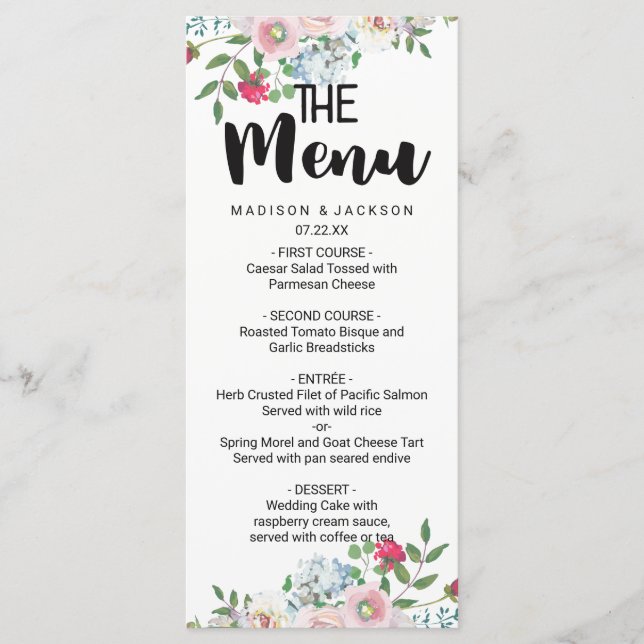 Rose d'aquarelle florale menu Mariage (Devant)