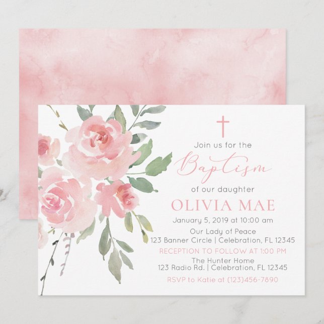 Rose d'aquarelle Garden Girl Baptism Invitation (Devant / Derrière)