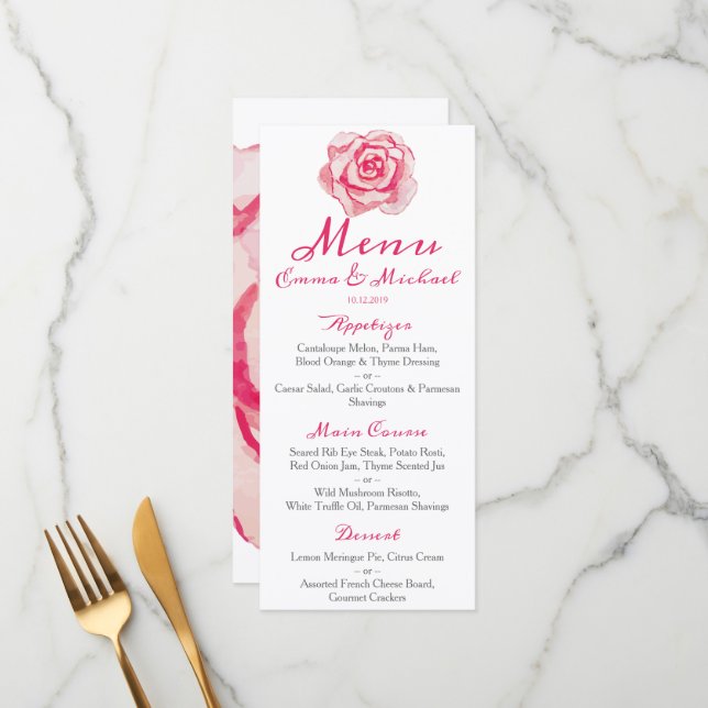 Rose d'aquarelle rose | Menu Mariage (Devant/Arrière en situation)
