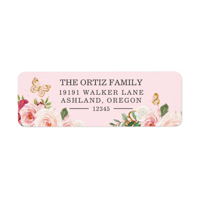 Rose d'aquarelle rose Papillon Adresse de retour (Devant)