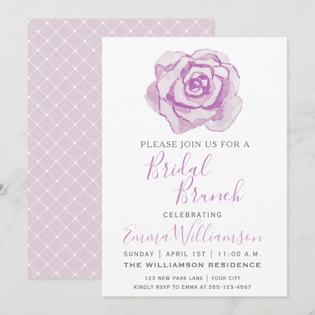 Rose d'aquarelle violet | Invitation de Brunch nup (Devant / Derrière)