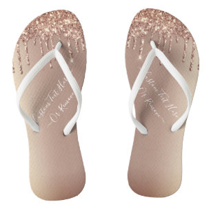 Rose Dark Gold Blush Glitter Sparkle Drips - Text Flip Flops