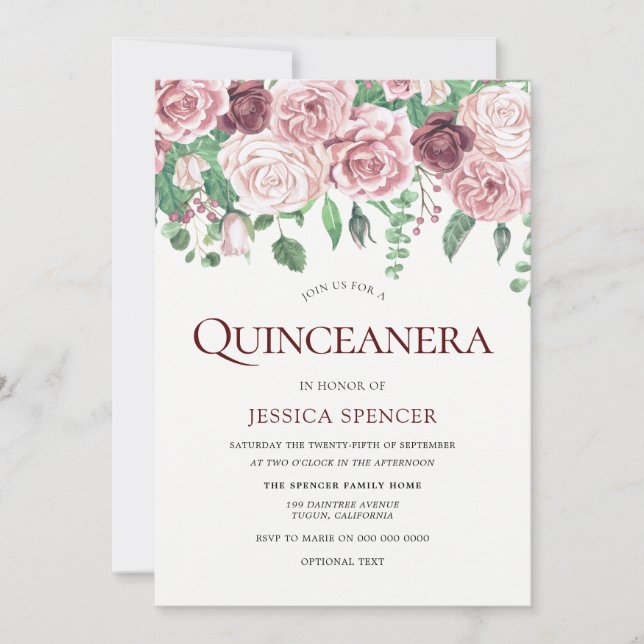 Rose de Bourgogne et Blush Quinceanera Invitation  (Devant)