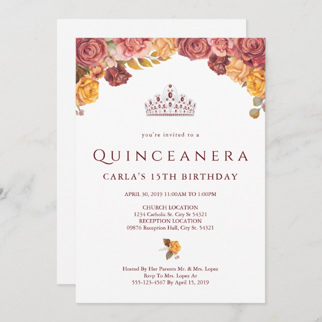 Rose de Bourgogne | Invitations de Quinceanera (Devant / Derrière)