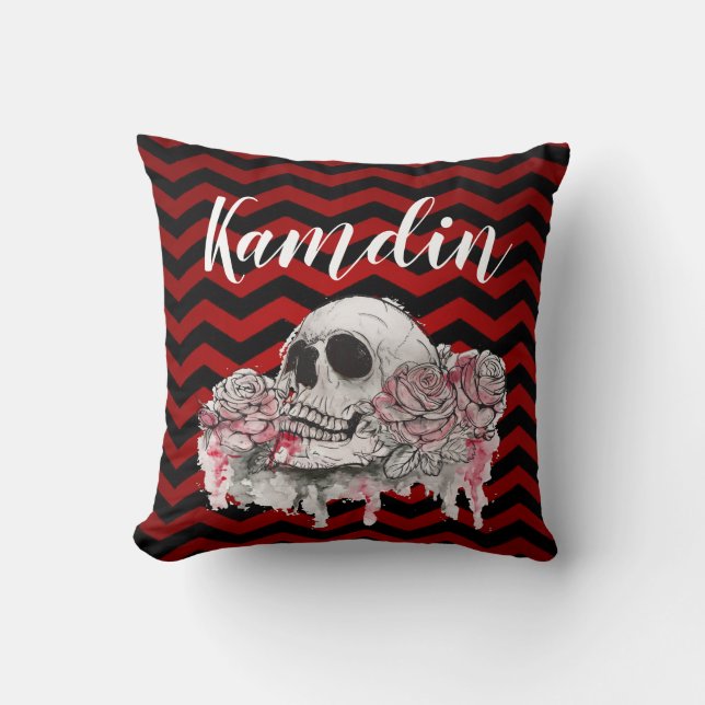 Rose de crâne Coussin personnalisé Gothic Chevron  (Recto)