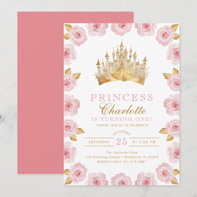 Rose de princesse rose et or Invitation d'annivers (Devant / Derrière)