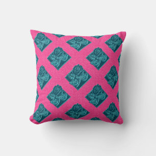 Rose Diamonds-10-Pink Teal-Square Throw Pillow