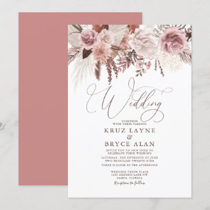 Rose & Dried Floral Palm Pampas Grass Boho Wedding Invitation